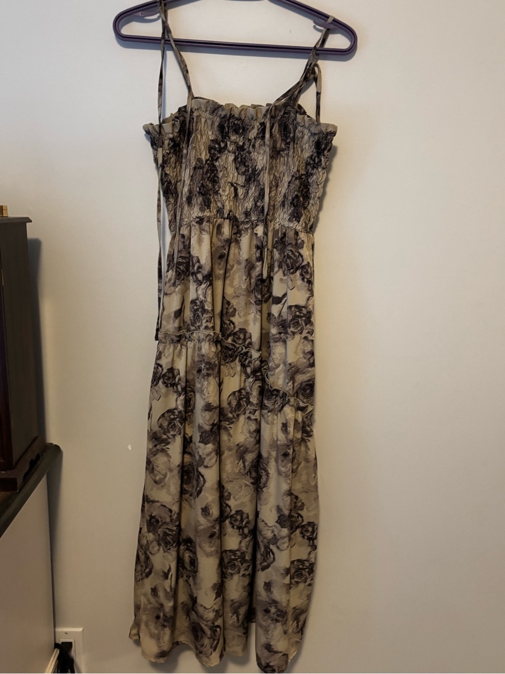 Smocked Floral Spaghetti-Strap Maxi Dress in Beige and Black
